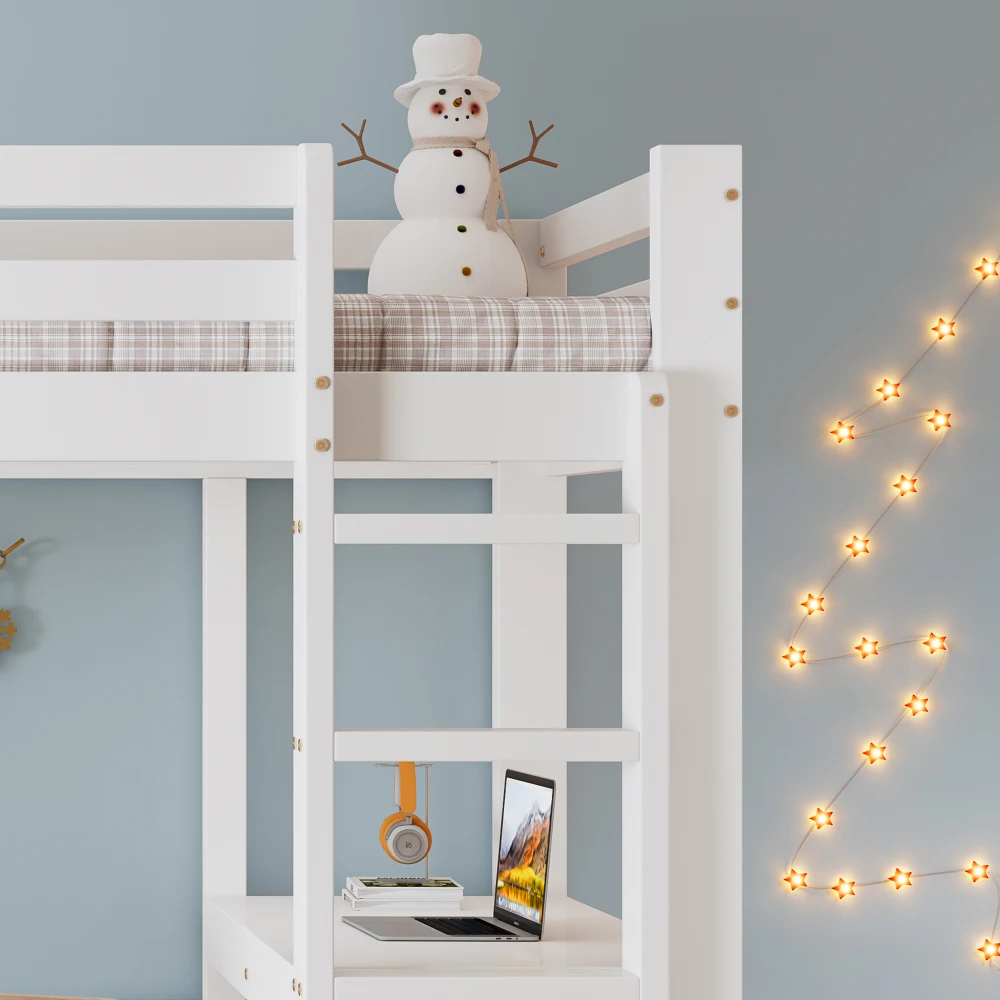 Multifunktionsbett mit Schreibtischschublade und Ablagefach – 4-stufige Leiter aus massivem Kiefernholz + MDF, platzsparendes Teenagerbett 90 x 200 cm – Detail 21