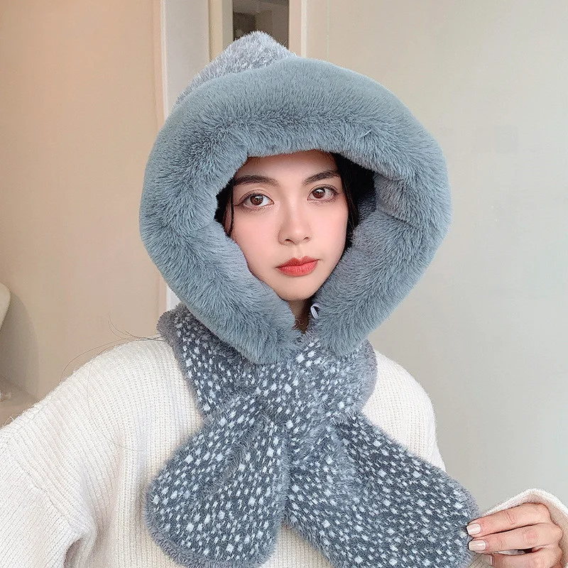 

Bomber Hat For Women Winter Knitted Cashmere Neck Warm Fur Cap Russia Outdoor Ski Windproof Hat Thick Plush Fluffy Beanies