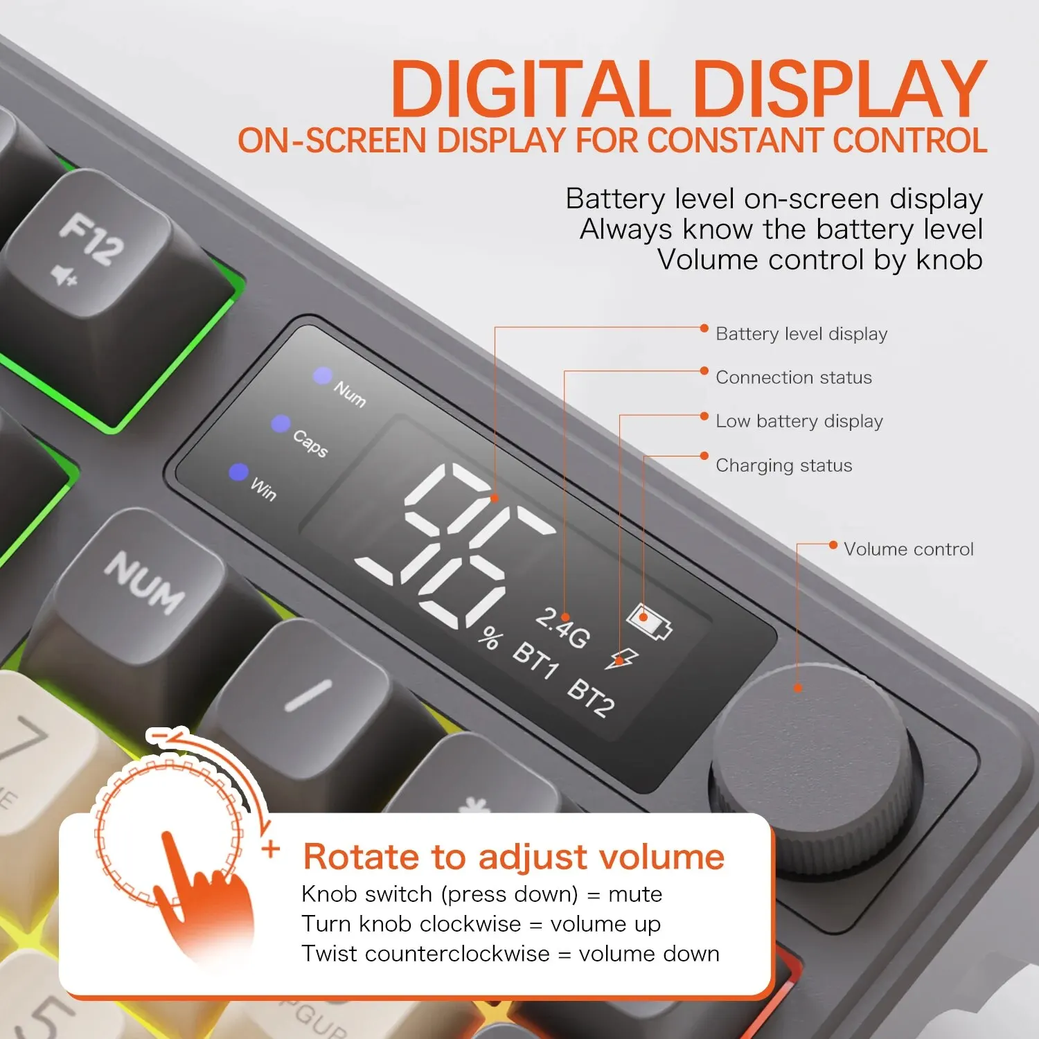 FreeWolf M96 Wireless Gaming Keyboard w/Screen, Bluetooth Dual-Mode, Multi-Device, Ergonomic 6