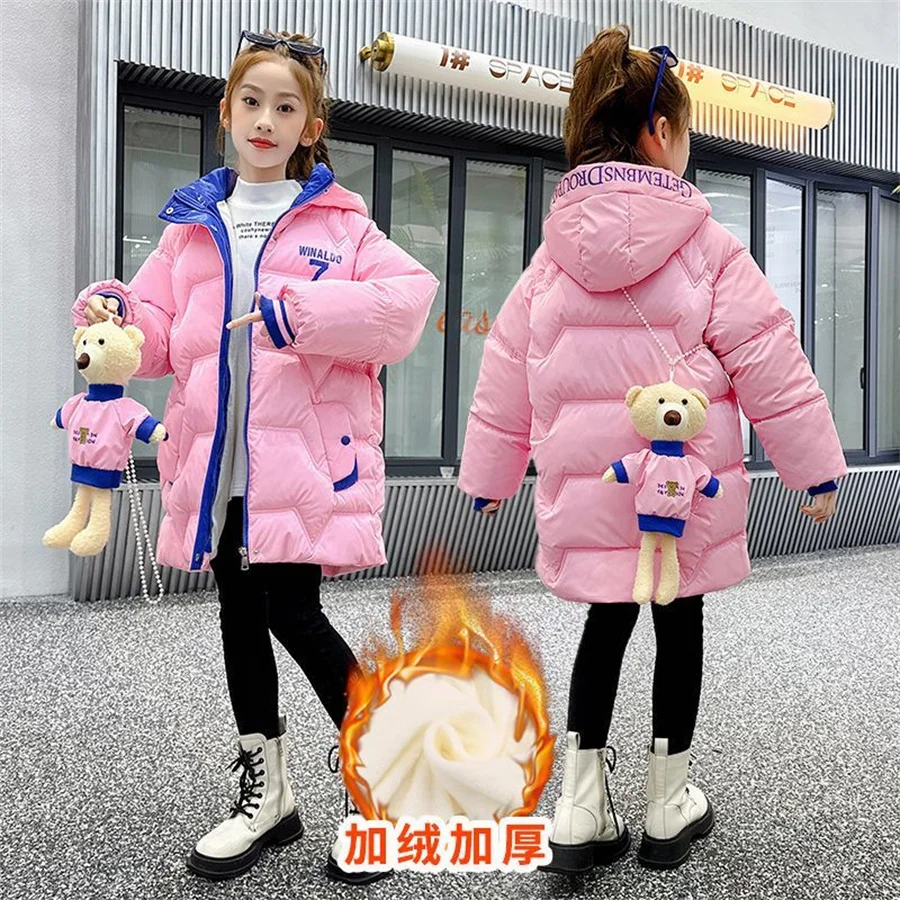 

2024 New Winter Teenager Long Style Girls Jacket Keeping Warm Hooded WIndbreaker Coat For Girl Fur Collar Children Outerwear