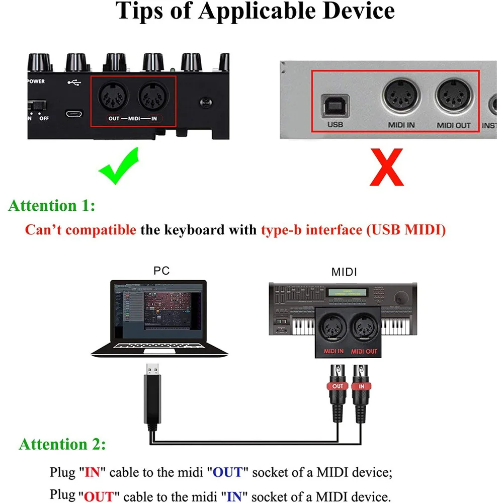USB MIDI Cable Converter USB Interface to In-Out MIDI Cord Works for PC Laptop to Piano Keyboard in Music Studio 6.5Ft