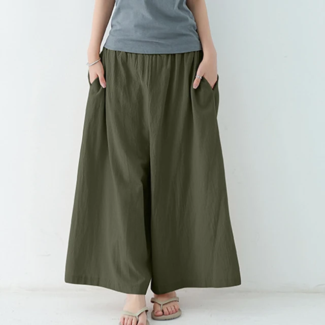 Women Summer Loose High Waisted Cotton Linen Palazzo Pants Casual