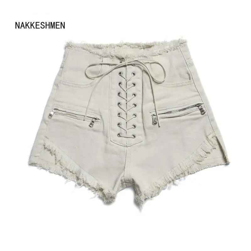 

Summer New Women Stylish Denim Shorts Lace Up High Waist Pockets Female Casual Streetwear White Short Jeans Pantalone