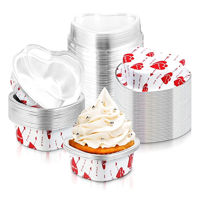 10Pcs/Set 100ML Heart Shaped Aluminum Foil Cake Pan Cupcake Cup with Lids Flan Baking Pans