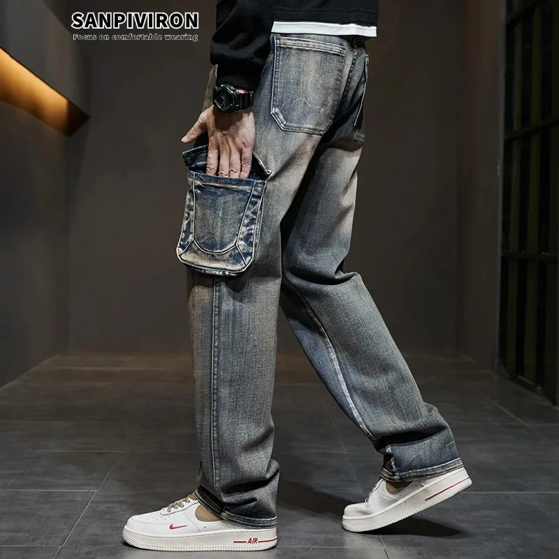 Versatile retro jeans for men, loose and nostalgic multi pocket straight leg denim pants, hip-hop workwear pants 2