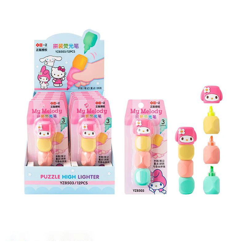

12Pcs Kawaii Sanrio My Melody Cinnamoroll Kitty Cartoon Cute Splice Tri Color Fluorescent Pen Student Stationery Marker Tool Pen