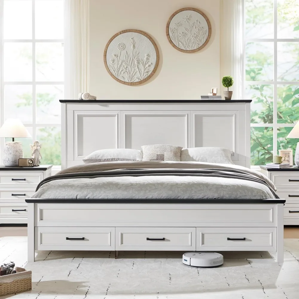King Wood Bed Frame with 52" Tall Headboard & Footboard, Platform Bedframe with Hidden Storage Drawers, King Bed Frame 3