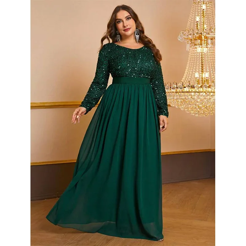 

Plus Size Round Neck Dark Green Sequin Dress 4XL5XL Big Size Elegant Wedding Banquet Bridesmaid Women's Evening Dress 2024