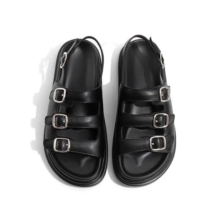 

Сандалии женские из экокожи, босоножки на плоской подошве с металлической пряжкой, открытый носок, летняя пляжная обувь, 2024