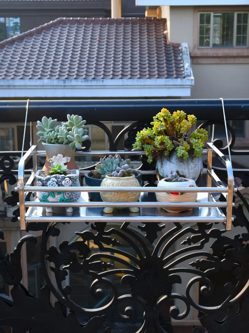 Hierro balcón colgante flor estante maceta soporte planta almacenamiento barandilla estante decoración para mesa superior ventana alféizar cocina jardín decoración