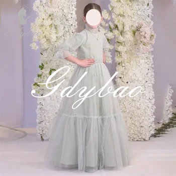 High Neck Pleat Applique Half Sleeve A Line Flower Girl Dress Floor Length Sweep Train Elegant First Communion Gown Customized 1