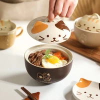 550ml Cartoon Cat Ceramic Instant Noodle Bowl With Lid Underglaze Color Soup Salad Bowl Kitchen Office Student Lunch Box 1pcs 2