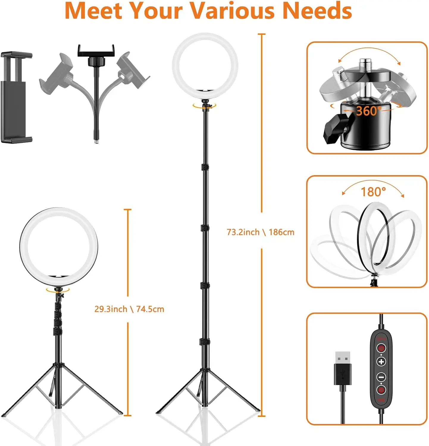 12" Selfie Ring Light with 73" Extendable Tripod Stand: Desk Selfie Lights 38 Color Modes, Upgrade 3 in 1 Dimmable Ad 5