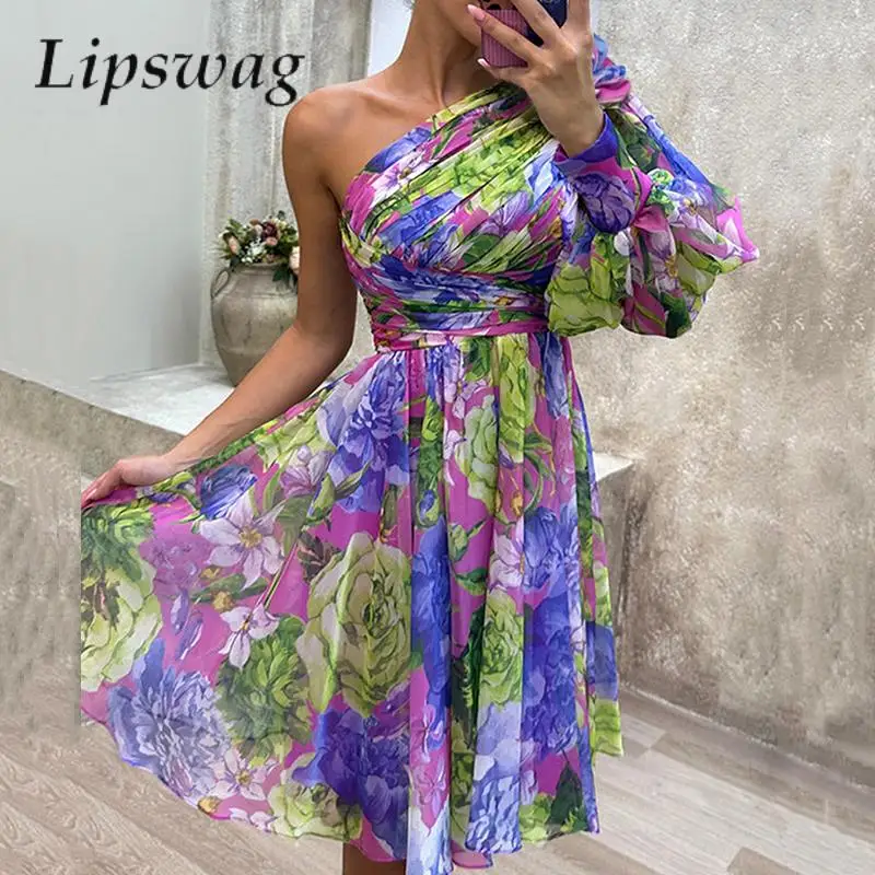 

Elegant One Shoulder Sleeve Women Party Dress Spring Floral Print Casual Chiffon Dress Fashion Skew Coller Sexy Pleat Mini Dress