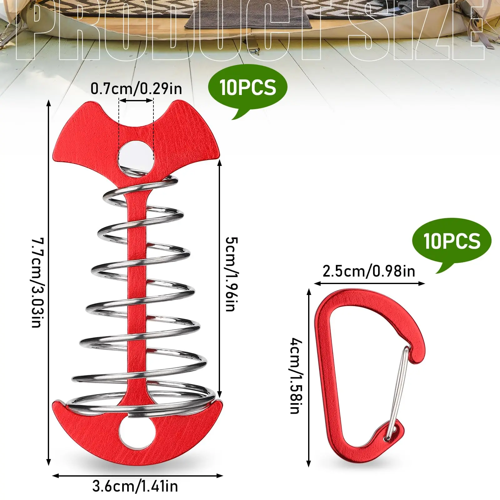 Tent Pegs 10pcs Deck Anchor Pegs Windproof Aluminum Deck Tie Down Spring Fishbone Tent Anchors Tent Rope Tensioner Guyline Cord Adjuster