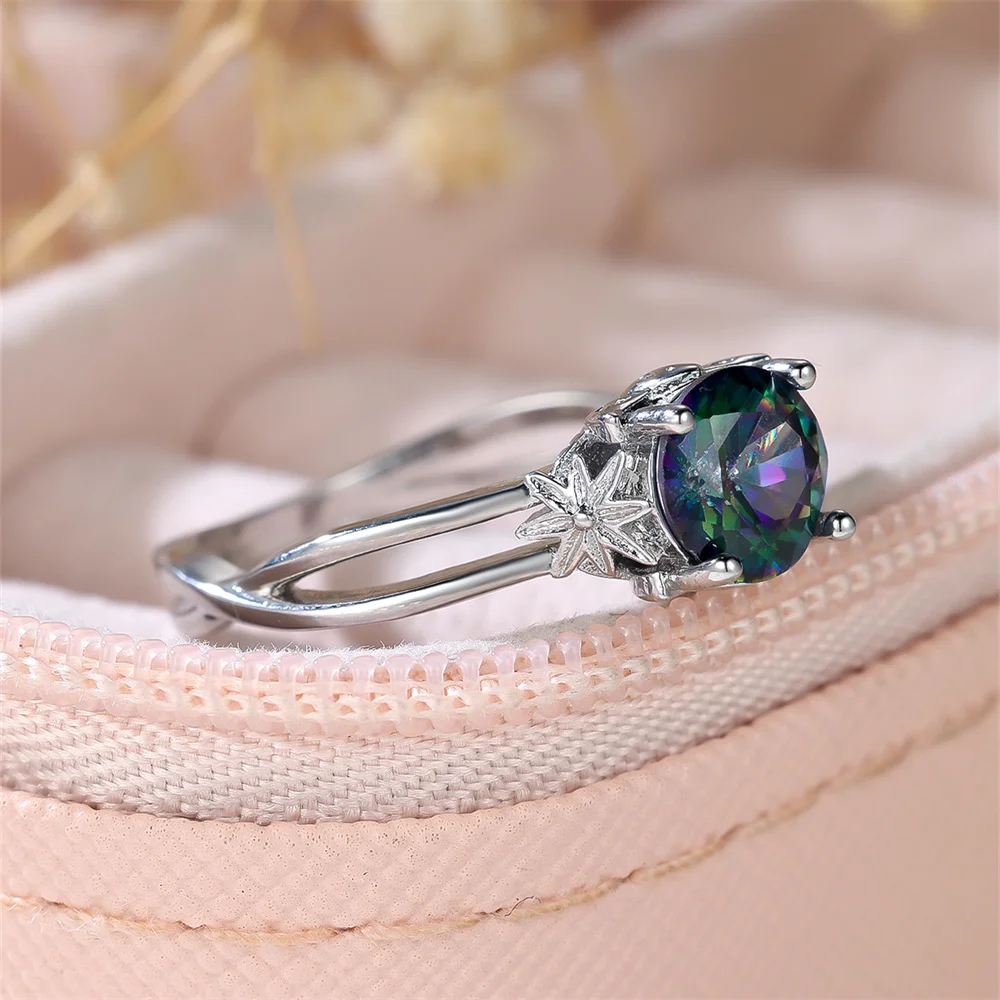 Rainbow Crystal Round Stone Rings For Women Classic Silver Color Multicolor Birthstone Wedding Band Jewelry Mother's Day Gift