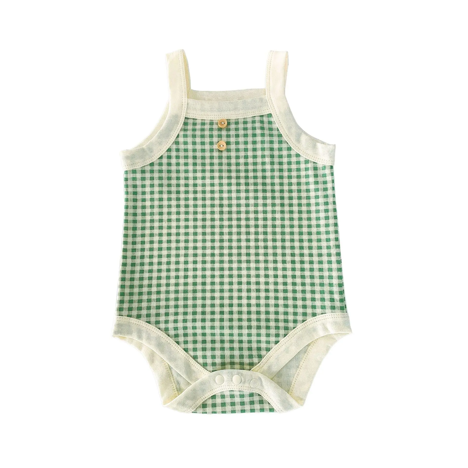 ins baby plaid suspender Romper cotton baby summer sleeveless onesie fart coat thin triangular climbing suit 1