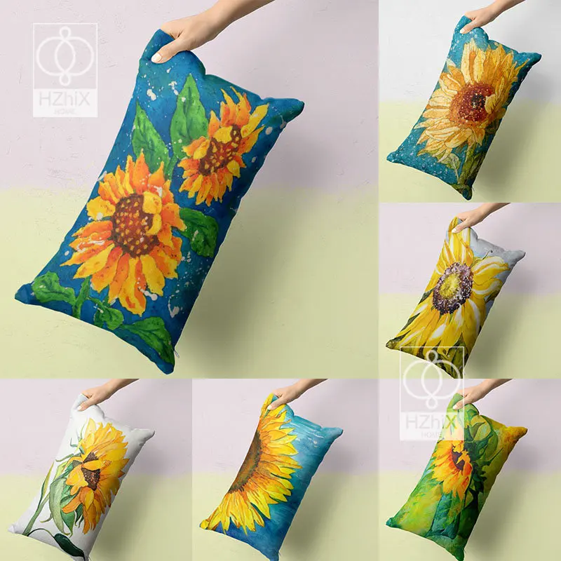 

Sunflower Printed Pillowcase Sofa Home Cushion Cover Car Office Decorative Splendid Rectangle Flower Plant Waist Pillow Covers