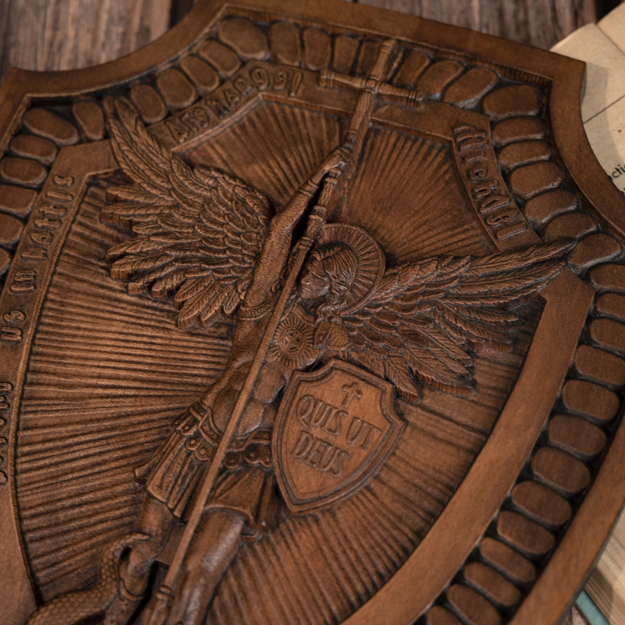 Archangel Michael Shield, Handmade Christian Sculpture, Wooden Icon, Wall Hanging Vintage Wall Art, 14 Inch,