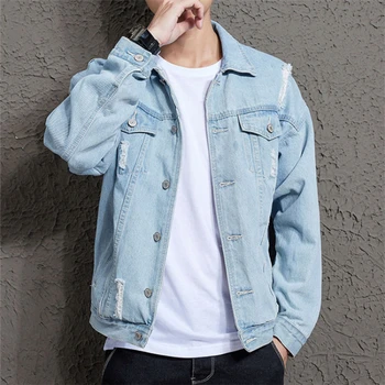 Spring and Autumn New Men's Casual Loose Work Coat Trendy Hole Denim Jacket 1