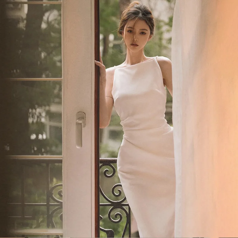 

POMUSE Korea Sleeveless Elegant Prom Dresses Boat Neck Sheath Ankle-Length Pleat Satin Evening Dresses robe de soirée de mariage
