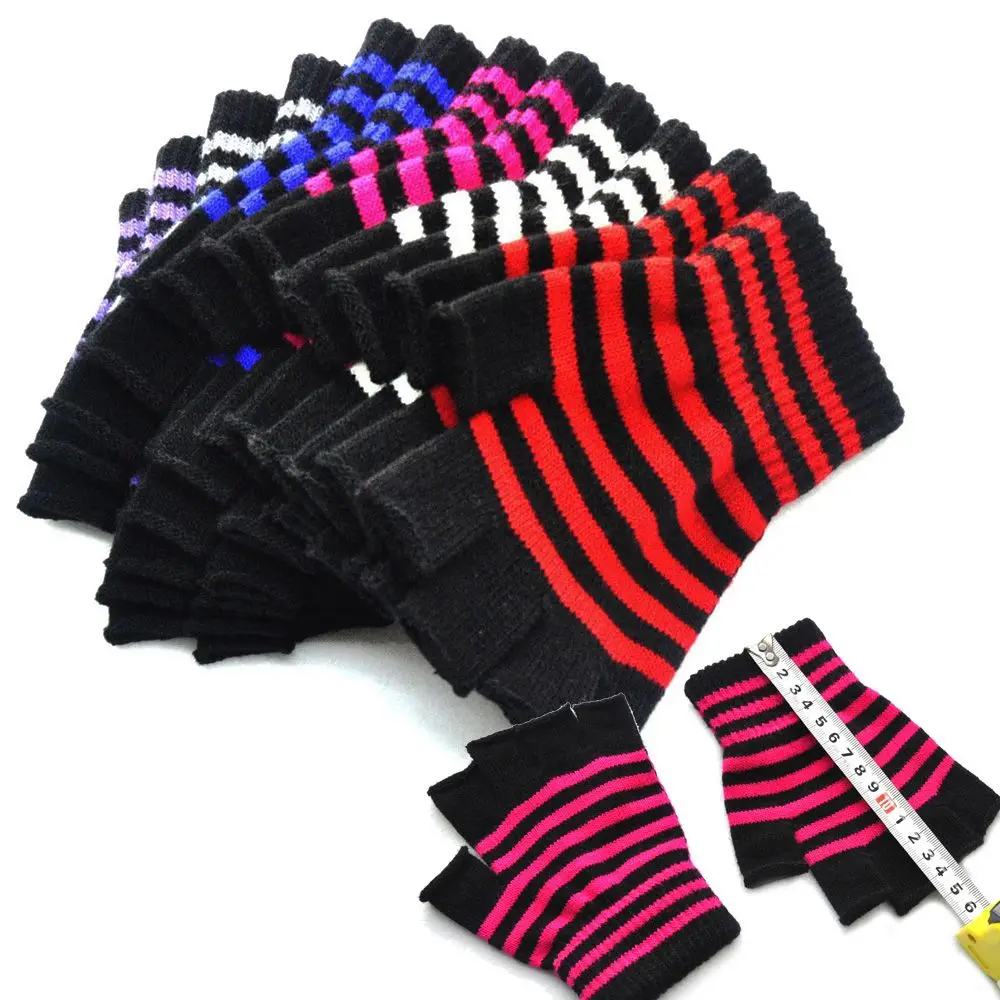Striped Unisex One Size Fingerless Gloves Gothic Knitting Half Finger Gloves Winter Gloves