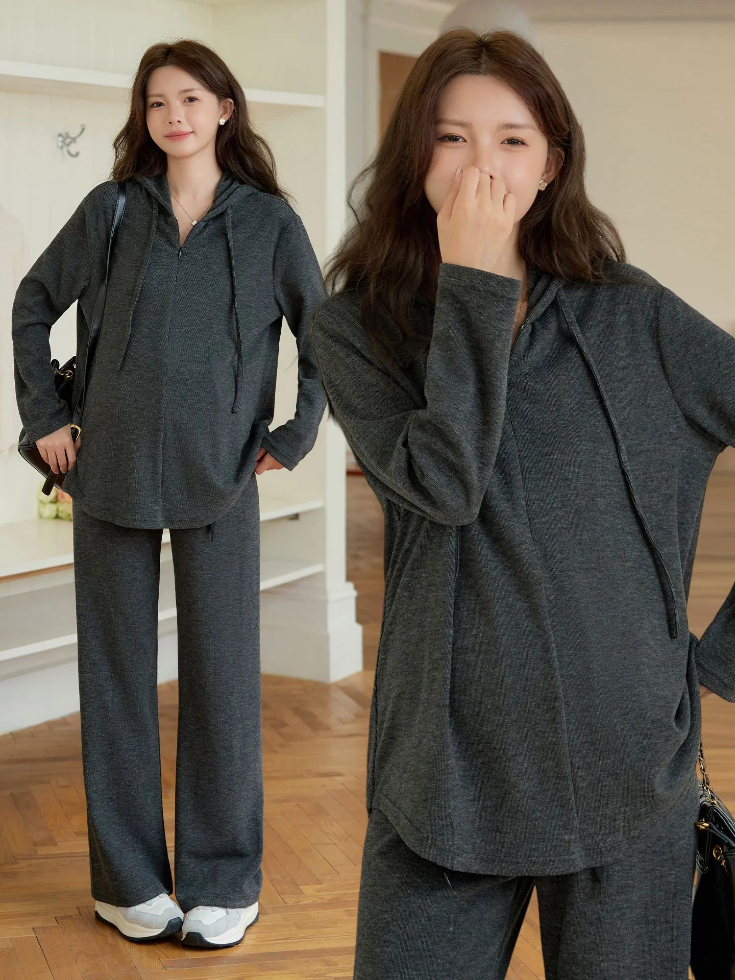 0월 패션 임산부 세트 양면 코튼 캐시미어 캐주얼 후드티 가디건 루즈 팬츠 투피스 한국 스타일 임산부복