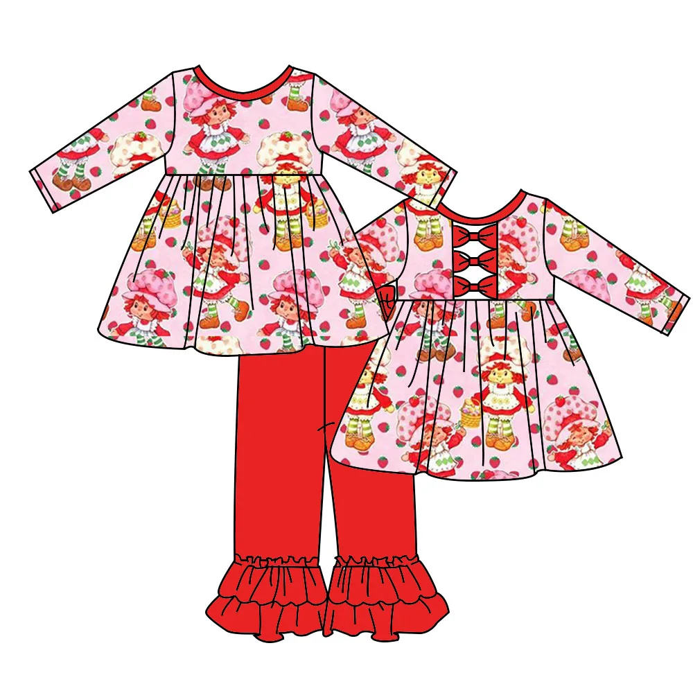 

New style Valentine's Day Girls' clothes Long-sleeved trousers set Strawberries and Girl Three hollow bows on the back