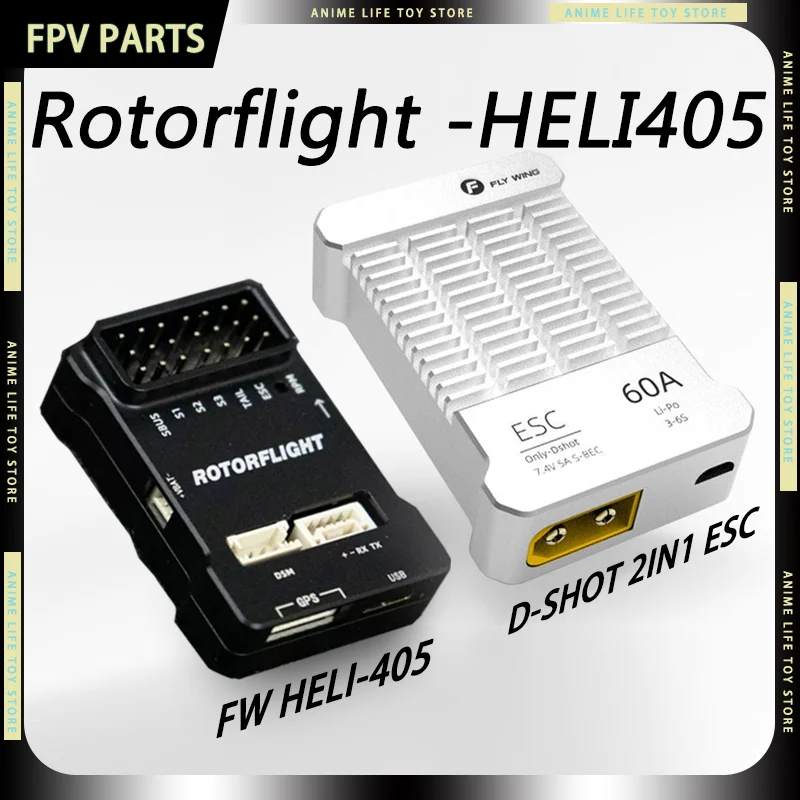 Contrôleur de vol FC-FW Heli-405 pour drone RC avec ESC D-shot, connecteurs et câbles visibles.