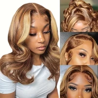 Perruque Bob en cheveux humains Remy, frontale en dentelle HD 13x4, avec mèches P4/27 Ombré, blond miel, pré-épilée, ondulation Body Wave 5