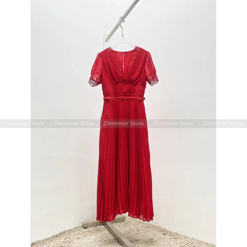 

French retro senior sense of heavy lace splicing temperament long dress Hepburn style red dress dresses