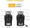 Disposal 3/4 HP for Kitchen sink Quiet with Stopper Power Cord, Easy install, Continuous Feed Food Waste Disposer 3