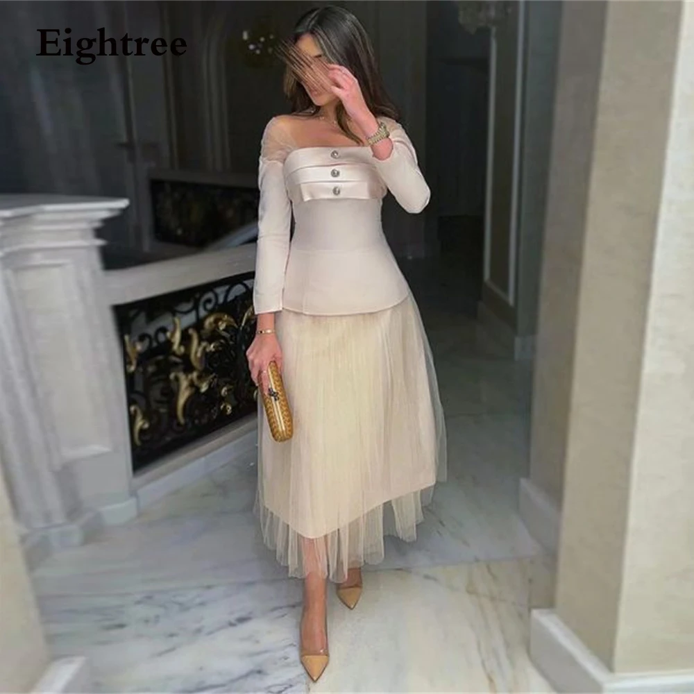 

Eightree Champagne Prom Dresses A Line Strapless Long Sleeves Tulle Vestidos De Fiesta Elegantes Para Mujer 2023 Saudi Arabia