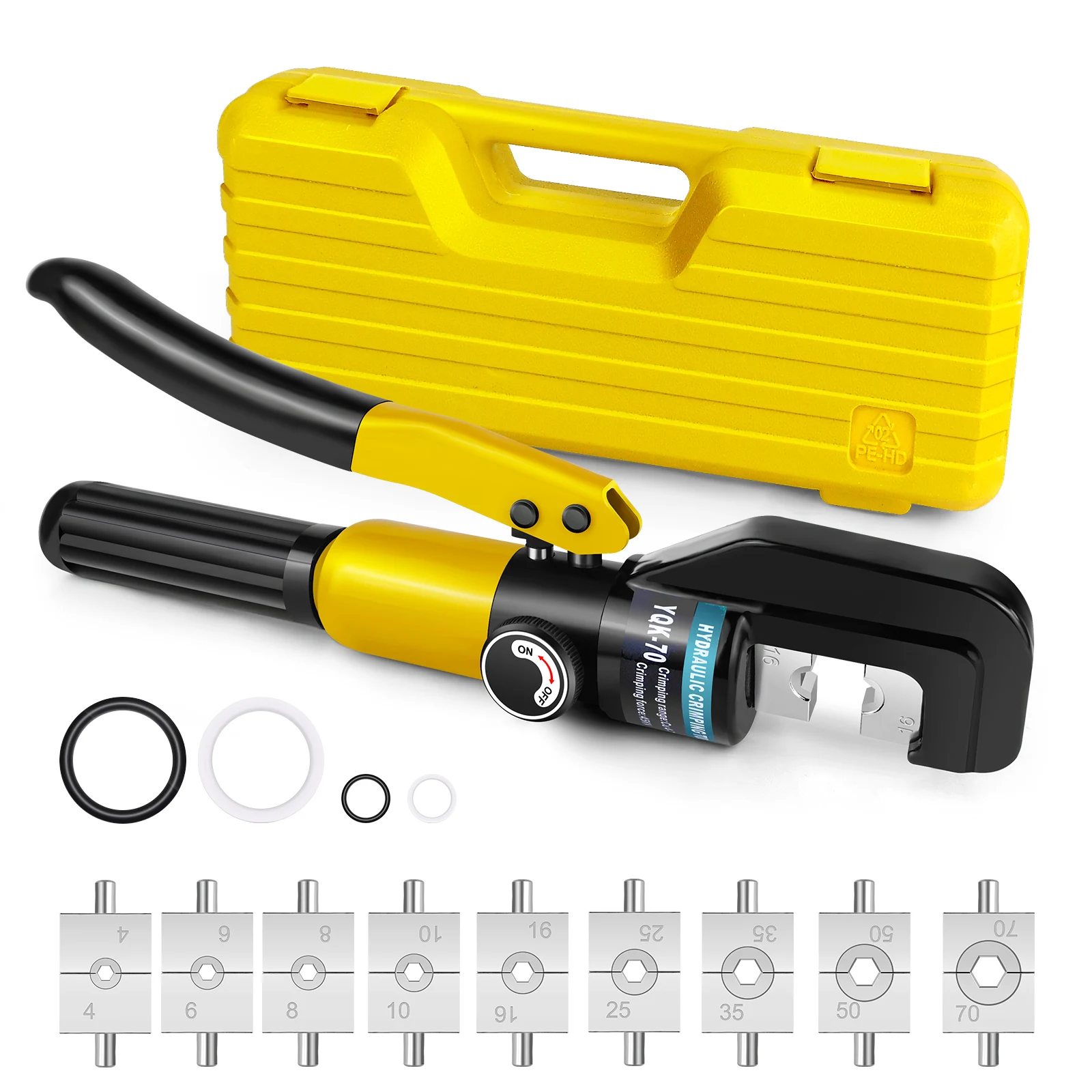 Hydraulic Crimper Set Crimping Tool with Plastic Box Wire Battery Cable Lug Terminal 9 Dies 100KN，4/6/8/10/16/25/35/50/70 mm²