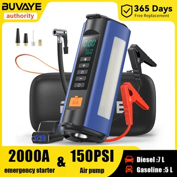 BUVAYE Avviamento batteria per auto professionale Power Bank 2000A Avviatore di emergenza Booster batteria per auto portatile 12V con pompa ad aria 150PSI