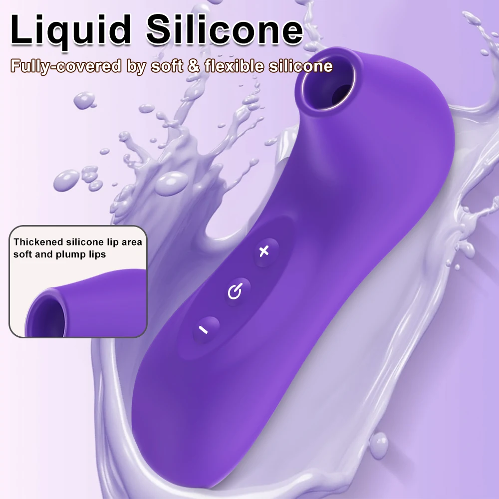 Lilla Vaikne nibude stimuleerija vedelast silikoonist, elegantse kujuga ja ergonoomiliste juhtnuppudega, piimjas valgel taustal, mis loob veega pritsiv efekt.