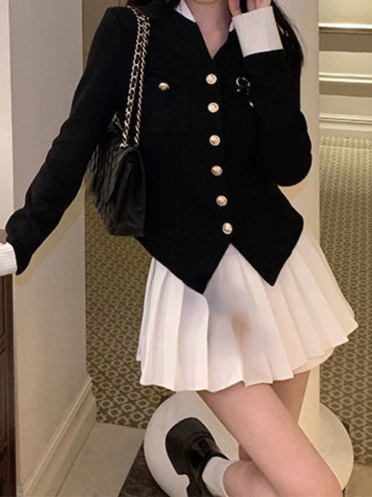 

2023 Autumn Knitted Two Piece Set Black Vintage Women Japanese Short Sweater Tops + Mini Skirt Suit Casual Fashion Kawaii Set