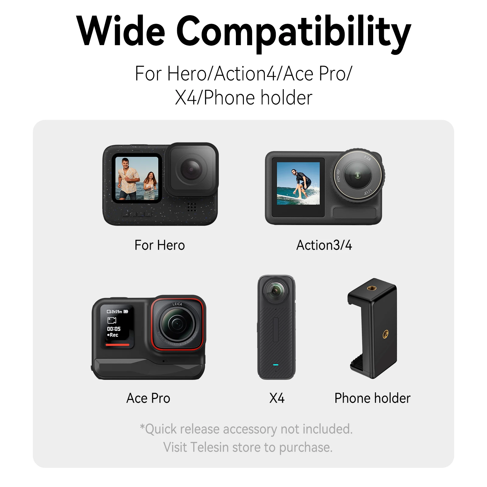 TELESIN Mini Quick Release Selfie Stick Tripod Portable Adjustable Length GoPro Insta360 DJI Osmo Action Action Camera