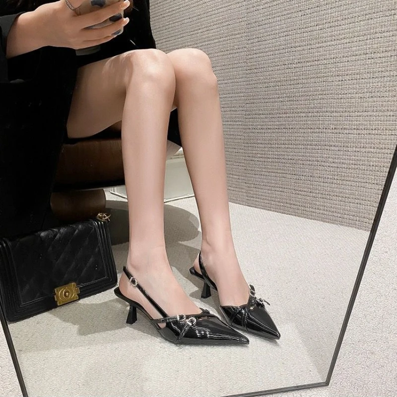 Women's Sexy Hollow Pointed One-line Buckle Skinny Heel Sandals Modern Office Wedding Slingback High Heels for Women
