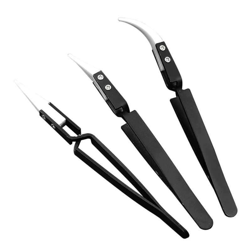 

3 Pcs Curved Straight Tweezers Anti-static Ceramic Reverse Tweezers for Lab Work