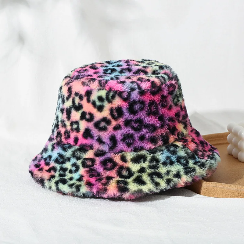 2024 New Winter Bucket Hat Women's Fashion Leopard Panama Warm Hats Female Vintage Faux Fur Fisherman Cap Hats for Women