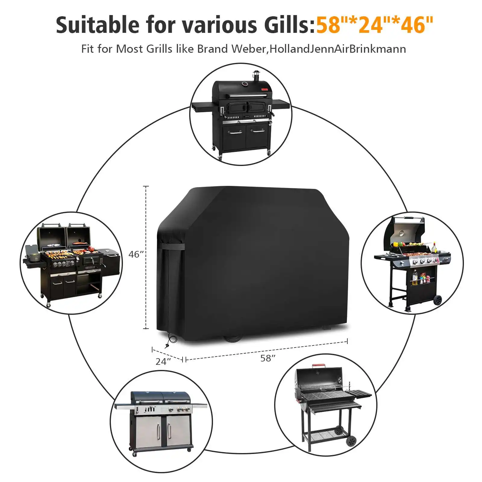Outdoor Black Waterproof Grill Cover Heavy Duty Dust Protective Anti-uv Rectangle Cover For Gas Charcoal Electric Barbecue Grill