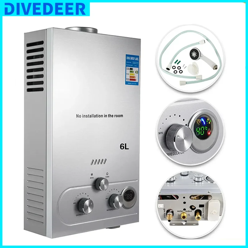 DIVEDEER 8L/12L/16L/18L Domestic Portable Vertical Water HeaterWall Mounted LPG Water HeaterDigital DisplayFast Heating