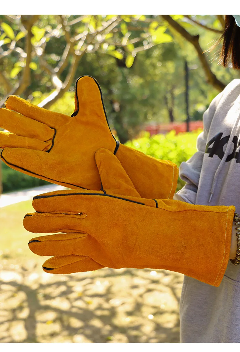 BBQ Anti-scald Gloves Cowhide High Temperature Resistant Heat Insulation Long Oven Gloves for Outdoor Camping Protective BBQ