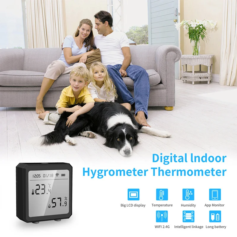 

Tuya Wi-Fi Temperature & Humidity Sensor Intelligent Detector Electronic Thermometer Alarm LCD Digital Display Voice Control