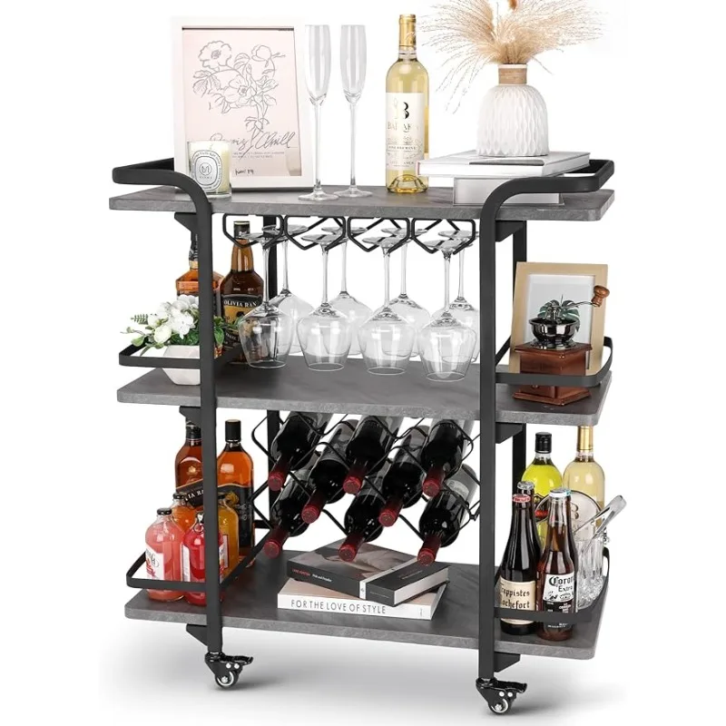 

Jubao 3-Tier Bar Cart for The Home Mobile Serving with Glass Holders and 8 Wine （Gold & Marble White/Black&Grey）optional