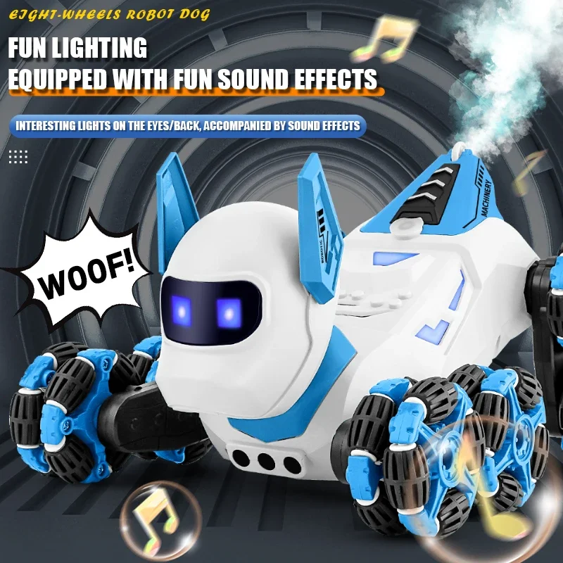 2.4G RC Robot Remote Control Robot Dog Eight wheel 360 Drift Stunt Gesture Insduction with Light Music Spray Toys for Boys Gift