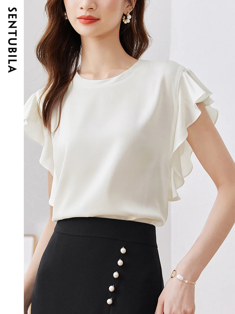 SENTUBILA Summer Flying sleeves Women Blouses 2023 Elegant O Neck French Romantic Ruffles Tops Fashion Solid Casual Female Shirt