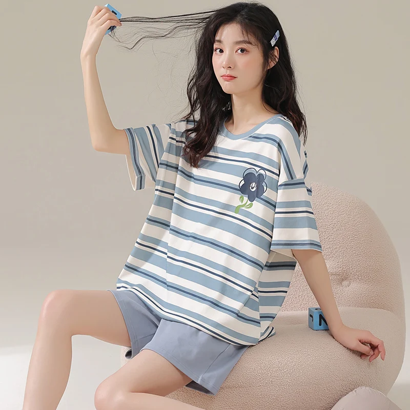Knitted cotton women's pajamas double short suit 2024 summer new short-sleeved shorts casual simple stripe fashion home suit