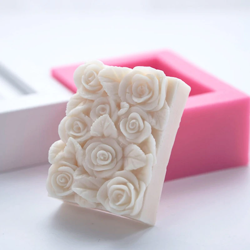 3D Rose Rectangle Soap Mold Silicone Flowers Soap Making Mould Handmade Cake Chocolate Dessert Baking Mold Candle Craft Supplies